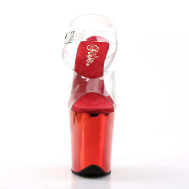 Босоножки Flamingo-808. Каблук 8 дюймов, ремешок на щиколотке 4 дюйма, хромированная подошва, прозрачный/красный хром.