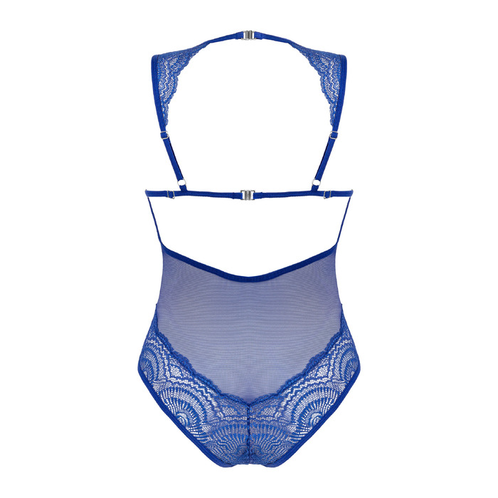 Сексуальное боди полупрозрачное кружевное Obsessive с косточками, синее, XS/S