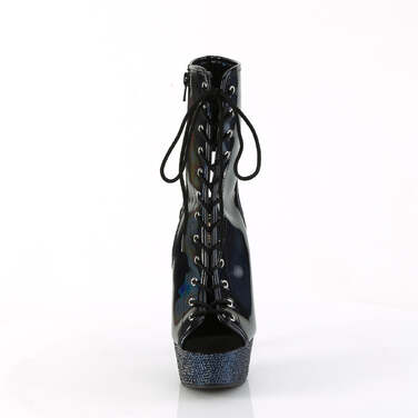 Ботинки Bejeweled-1016-6, каблук 6 дюймов, PF 3/4 дюйма, открытый носок/пятка, шнуровка, ботильоны wRS, чёрные с голограммой/чёрные