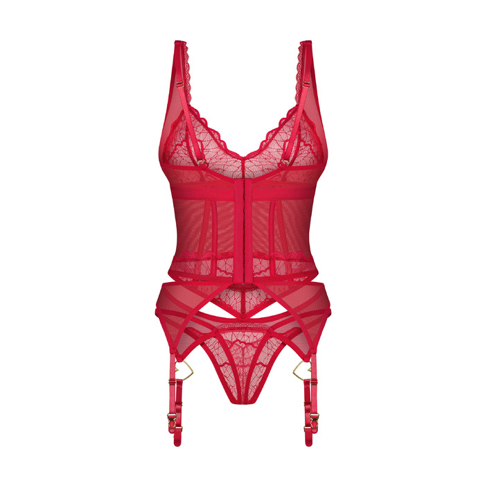 Корсет з пажами для панчіх та стрінги Obsessive Cupide Desir червоний, S/M