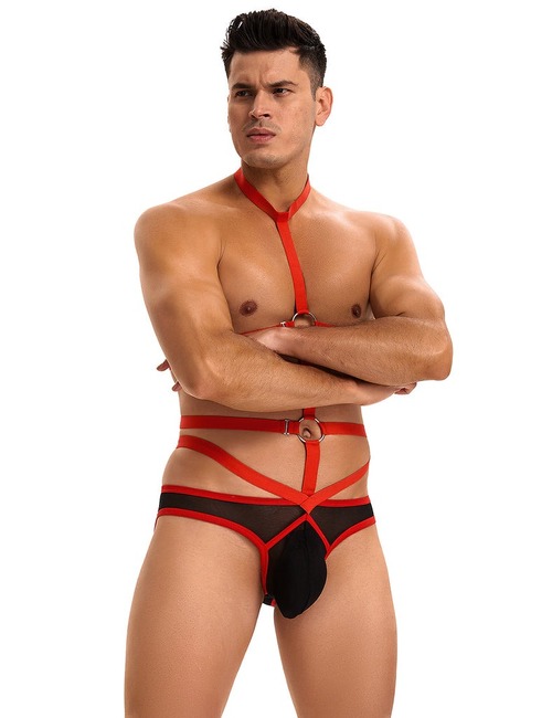 Мужские трусы с портупеей и чокером Star Night красный-черный, M