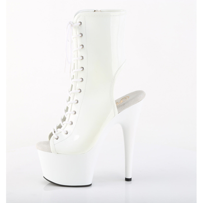 Ботильоны Adore-1016 с каблуком 7 дюймов, открытым носком и пяткой 2 3/4 дюйма, молнией сбоку, белые лакированные.