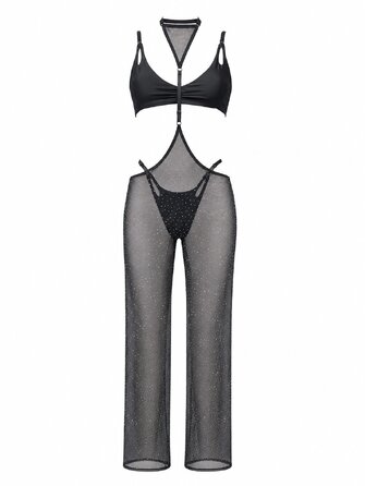 WHISPER DUST Pole Dance Комплект із 3 Елементів: Топ, Трусики та Широкі Сітчасті Штани з Портупеєю з Блиском для Pole Dance, Exotic та Сценічних Виступів - чорний