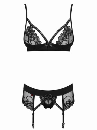Комплект мереживний Obsessive Wonderia з декоративними стрепами, чорний, S/M