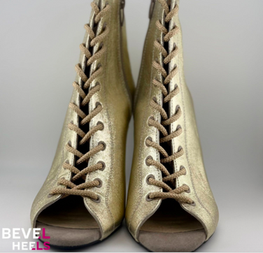 Професійні хілси для танців High Heels із натуральної шкіри Premier золотого кольору з язичком. Професійне взуття для сучасних танців з відкритим носком та шнурівкою. Ботильйони для High Heels (хай хілс)., Золотий натуральна шкіра, З язичком