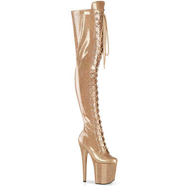 Ботинки Flamingo-3020GP *Каблук 8 дюймов, 4-дюймовые эластичные сапоги на шнуровке, боковая молния, лакированная кожа с золотым блеском