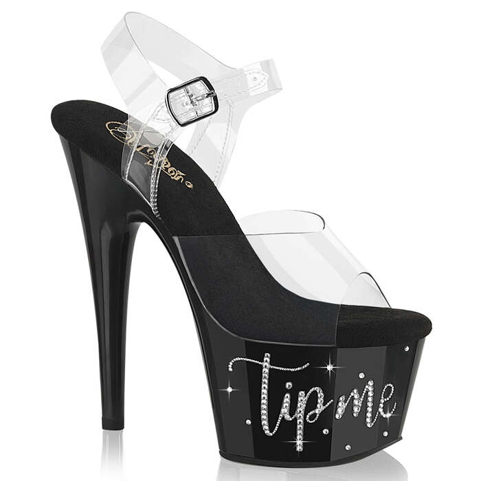 Босоніжки Adore-708TIP-02 на підборах 7 дюймів, сандалі з ремінцем на щиколотці 2 3/4 дюйма з RS, прозорі/чорно-срібні стрази