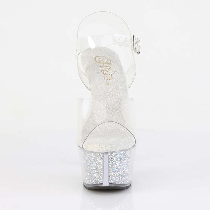 Босоножки Aspire-608RSI. Каблук 6 дюймов, ремешок на щиколотке 2 1/4 дюйма, PF-вставки, прозрачные/серебристые стразы.