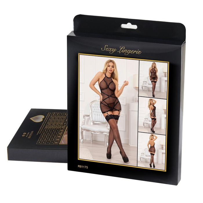 Сукня напівпрозора з тримачами для панчох Star Night і трусиками, чорна, M