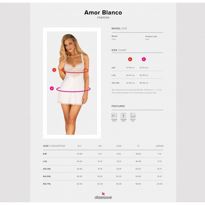 Пеньюар Obsessive Amor Blanco мереживний, з трусиками в комплекті, білий, L/XL