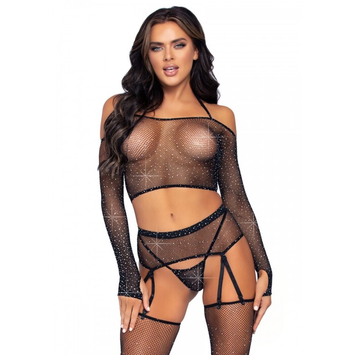 Комплект зі стразами з поясом для панчіх Leg Avenue 4Pc bra set with garterbelt O/S