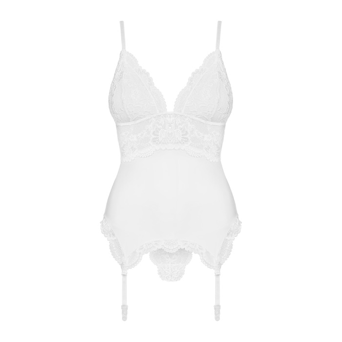 Корсет кружевной Obsessive 810-COR-2 с пажами для чулок, в комплекте кружевные стринги, белый, S/M