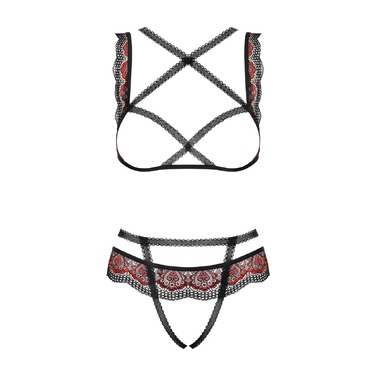 Комплект еротичний з червоною вишивкою Obsessive Megies та доступом до інтимних зон, L/XL