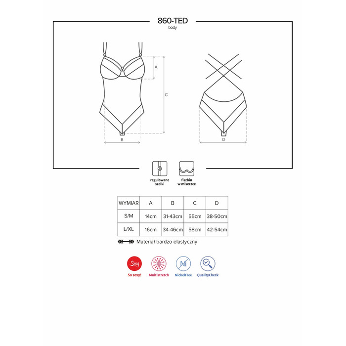 Боди c чашечками на косточках Obsessive 860-TED - 1, черный, L/XL