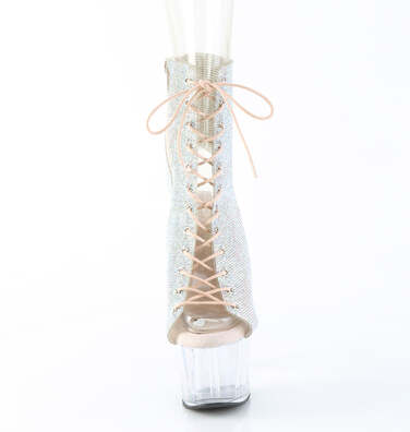 Чоботи Adore-1016C-RS на підборах 7 дюймів, чоботи до щиколотки 2 3/4 дюйма з відкритим носком/підбором, з RS, блискавка збоку, сріблясті стрази AB/прозорі