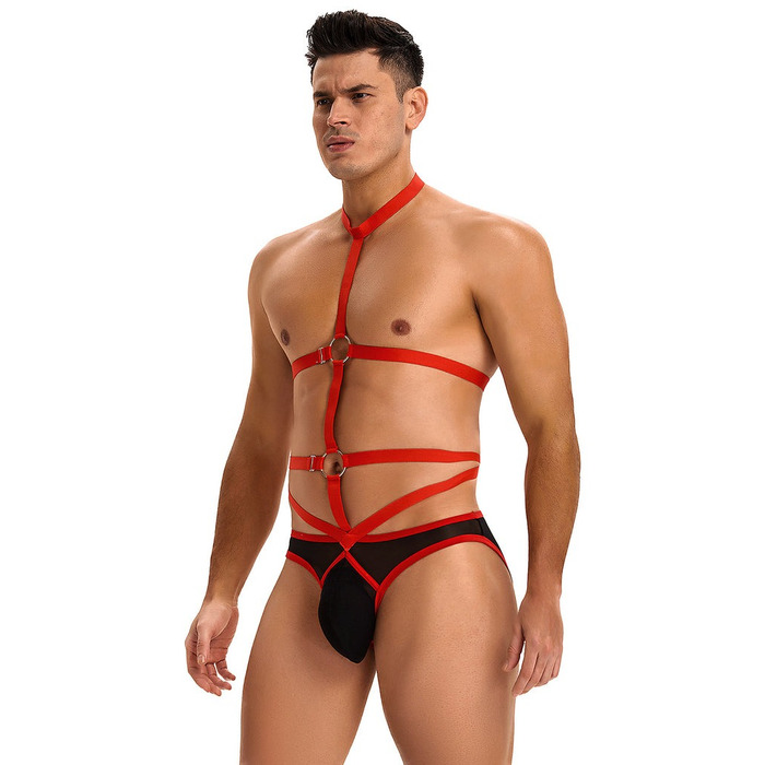 Чоловічі труси з портупеєю та чокером Star Night червоний-чорний, S