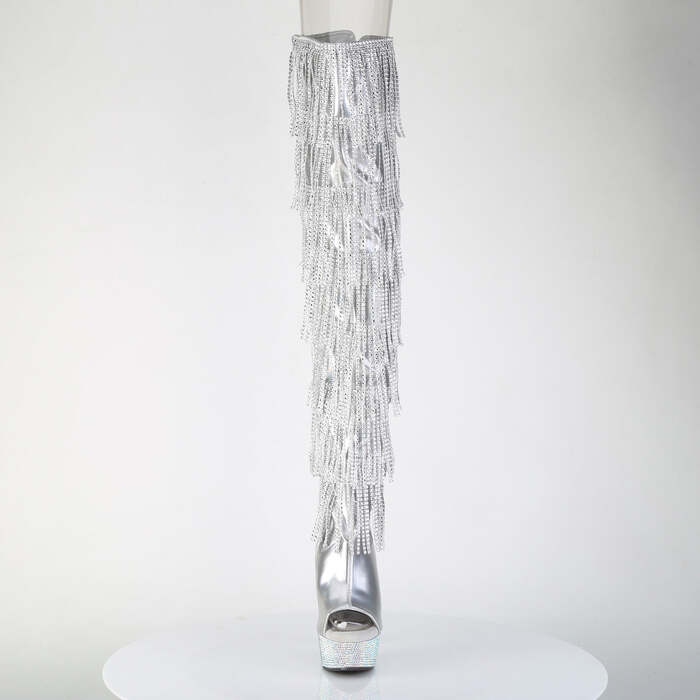 Сапоги Bejeweled-3017HG-RSF-6, каблук 6 дюймов, высота 3,5 см, 7-слойная бахрома, шнуровка, ботфорты с RS, серебристый голографический металлик/серебряные стразы