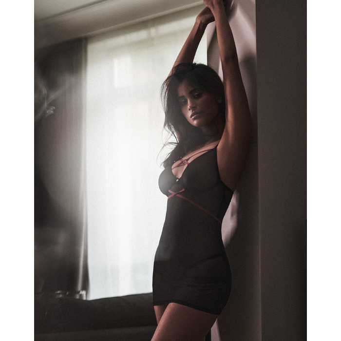 Прозорий пеньюар із декоративними рожевими шлейками Obsessive Novenes та трусики, XS/S