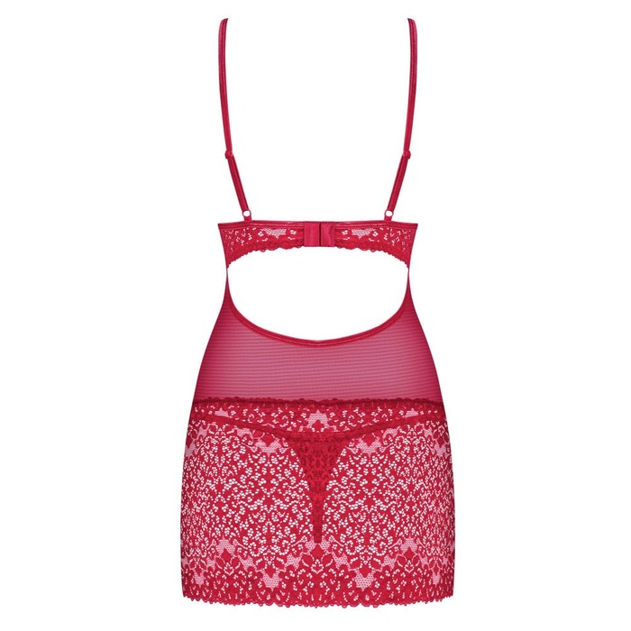 Cорочка кружевная с вставками из сеточки Obsessive Lividia стринги в комплекте, бордовый, S/M