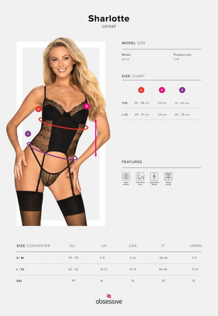 Комплект Obsessive Sharlotte корсет с пажами для чулков и трусики стринги, черный, S/M