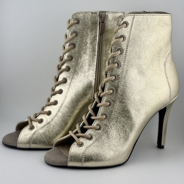 Професійні хілси для танців High Heels із натуральної шкіри Premier золотого кольору з язичком. Професійне взуття для сучасних танців з відкритим носком та шнурівкою. Ботильйони для High Heels (хай хілс)., Золотий натуральна шкіра, З язичком