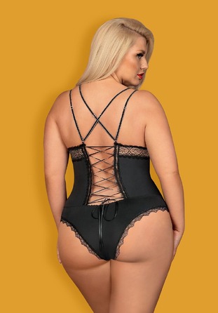 Эротическое боди из атласа с элементами кружева Obsessive Lolitte и открытой спиной, черный, XXL
