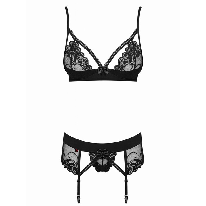 Комплект мереживний Obsessive Wonderia з декоративними стрепами, чорний, S/M