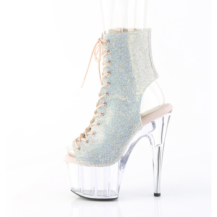 Чоботи Adore-1016C-RS на підборах 7 дюймів, чоботи до щиколотки 2 3/4 дюйма з відкритим носком/підбором, з RS, блискавка збоку, сріблясті стрази AB/прозорі