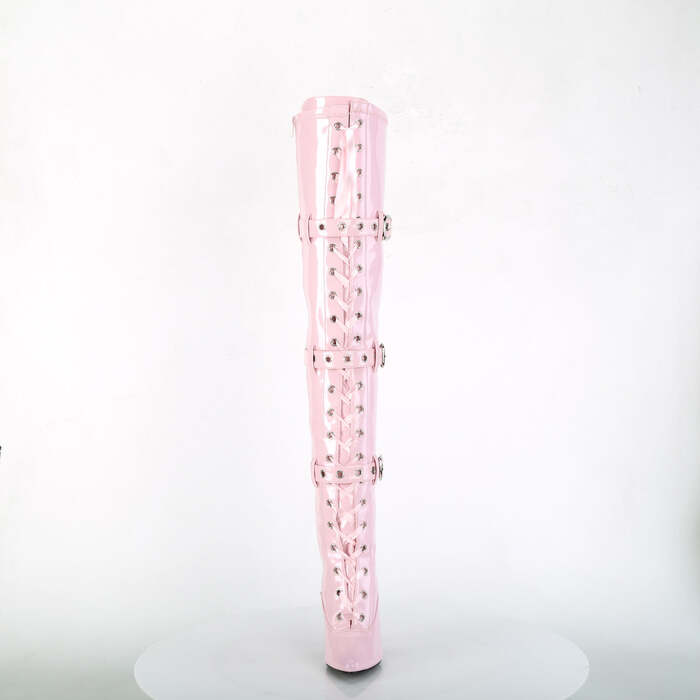 Boots Seduce-3028 Эластичные сапоги до бедра на каблуке 5 дюймов, со шнуровкой, ремешком на пряжке и молнией сбоку, нежно-розовые