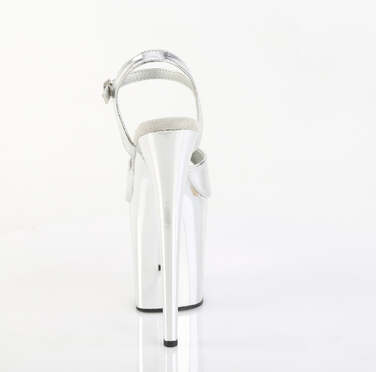 Босоніжки Flamingo-809 на підборах 8 дюймів, босоніжки з ремінцем на щиколотці 4 дюйми, сріблясто-металевий колір веганської шкіри/сріблястий хром