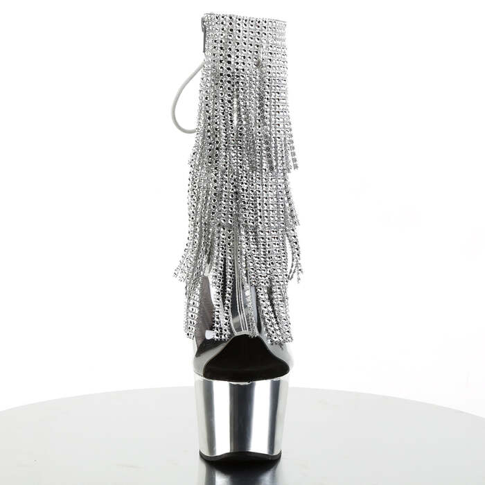 Ботильоны Adore-1017RSF с каблуком 7 дюймов, открытым носком и пяткой 2 3/4 дюйма, шнуровкой и бахромой, прозрачный/серебристый