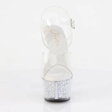Босоножки Aspire-608RSI. Каблук 6 дюймов, ремешок на щиколотке 2 1/4 дюйма, PF-вставки, прозрачные/серебристые стразы.