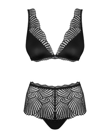 Комплект мереживний Obsessive Klarita ліф і трусики з високою посадкою, чорний, L/XL