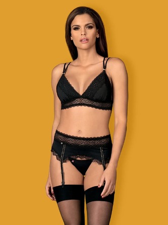 Сексуальний мереживний комплект Obsessive Lolitte з поясом для панчох на шнурівці, чорний, L/XL