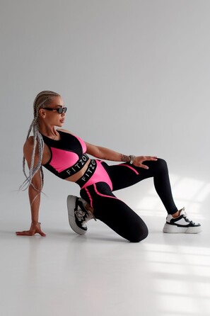 Легінси FZ Black Mesh Leggings with Imitation Shiny Neon-Pink Thongs