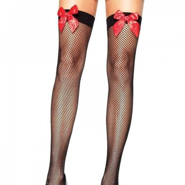 Панчохи в сіточку із червоним бантом Leg Avenue Fishnet Thigh Highs With Bow O/S