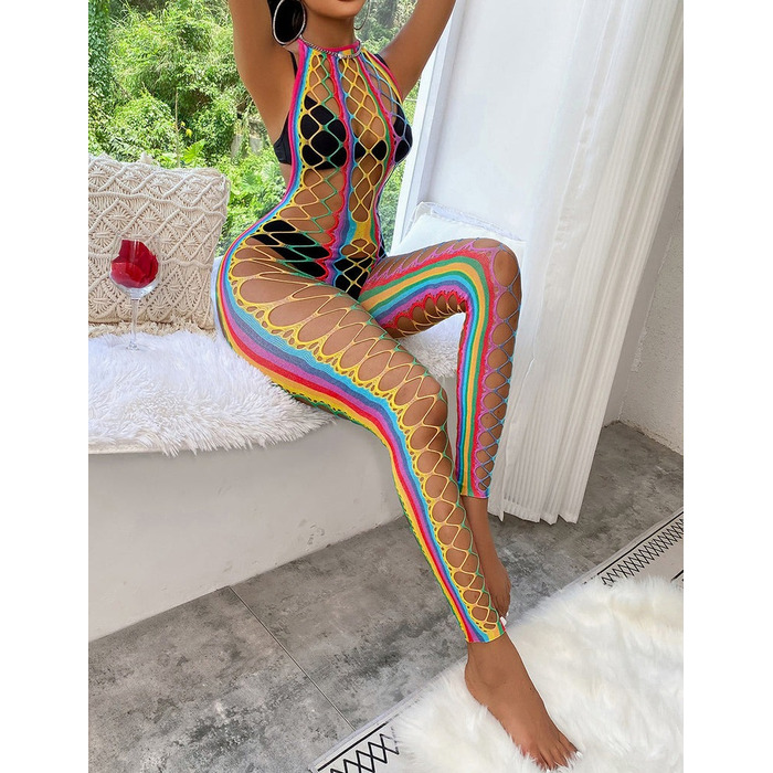 Сексуальный комбинезон в сеточку Star Night с открытой спиной и открытым доступом, радужный