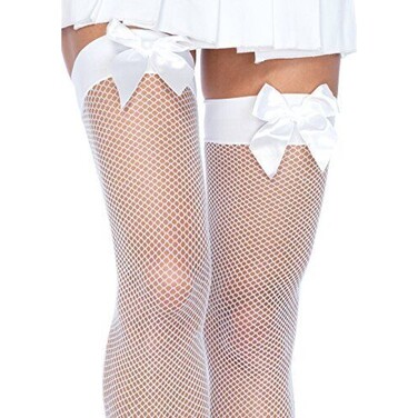 Панчохи в сіточку із бантом білі Leg Avenue Fishnet Thigh Highs With Bow O/S