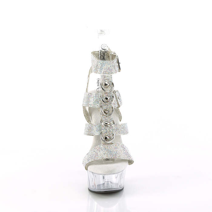 Босоніжки Delight-656RS на підборах 6 дюймів, 1 3/4 дюйма з Т-подібним ремінцем та подвійною пряжкою, зі стразами, сріблясті стрази/прозорі