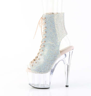 Чоботи Adore-1016C-RS на підборах 7 дюймів, чоботи до щиколотки 2 3/4 дюйма з відкритим носком/підбором, з RS, блискавка збоку, сріблясті стрази AB/прозорі