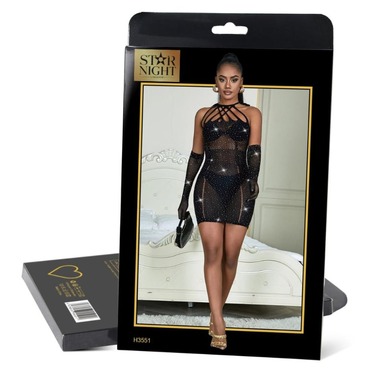 Платье в сеточку с украшениями в виде страз Star Night черное XS-M