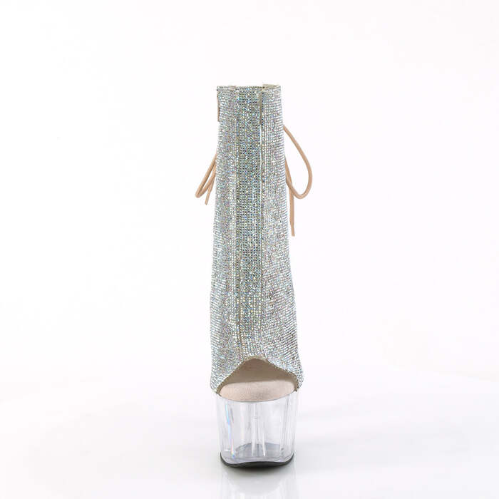 Ботильоны Adore-1018C-RS с каблуком 7 дюймов, открытым носком и пяткой 2 3/4 дюйма, боковыми молниями, серебристыми стразами AB/прозрачными