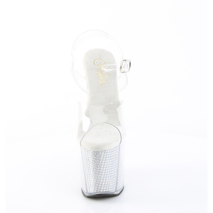 Босоніжки Amaze-808SRS на танкетці 8 дюймів, босоніжки з ремінцем на щиколотці 3 1/2 дюйма з імітацією RS, прозорі/срібні стрази