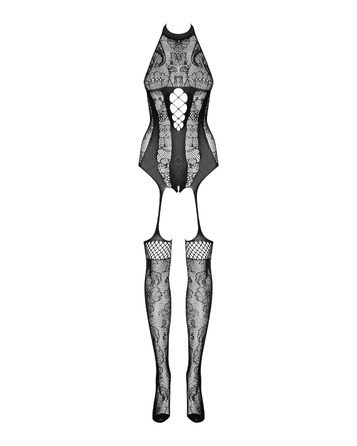 Чувственный бодистокинг с имитацией чулков Obsessive F240 черный, S/M/L