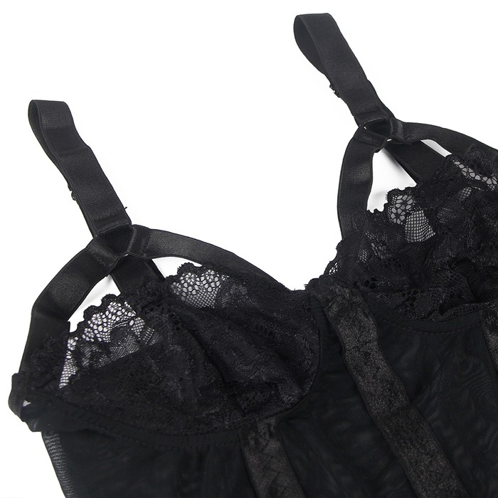 Кружевное боди Star Night с доступом и подтяжками, черное, XS-S