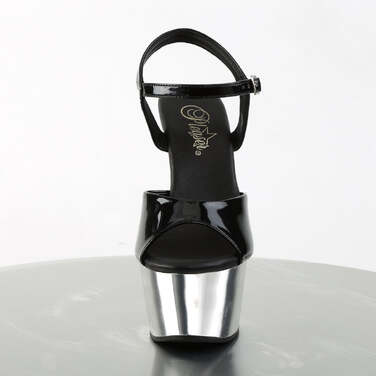 Босоніжки Aspire-609 на підборах 6 дюймів, з ремінцем на щиколотці 2 1/4 дюйма, веганські, чорні/сріблясто-хромовані