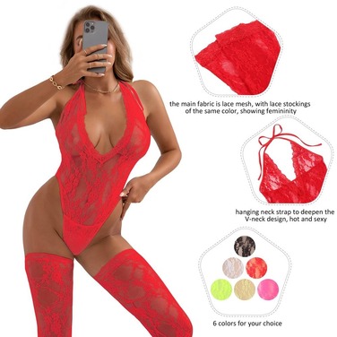 Боди с чулками Star Night кружевное, полупрозрачное, красный, ХL