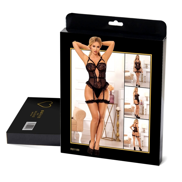 Боди кружевное Star Night с доступом и гартером, черное, XL-XXL