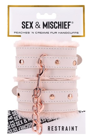 Наручники с мехом Sex & Mischief Peaches'n CreaMe с металлической фурнитурой, розовые