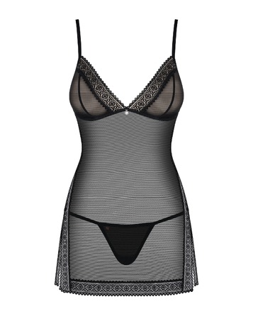 Пеньюар полупрозрачный с орнаментом по краю Obsessive 862-CHE-1 черный, L/XL